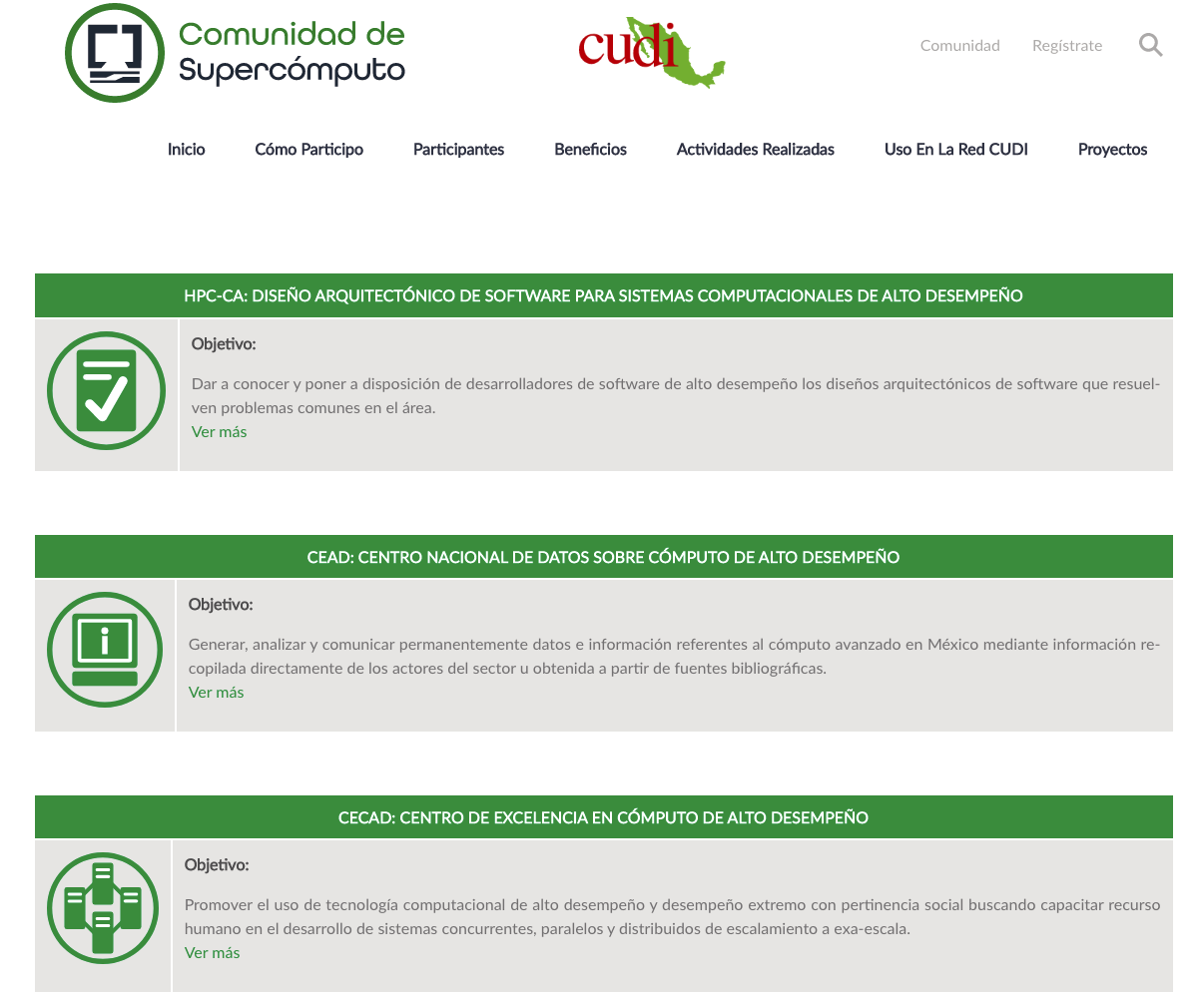 Captura de pantalla de evidencia de que los proyectos están visibles en las páginas de la Corporación Universitaria para el Desarrollo de Internet CUDI. 